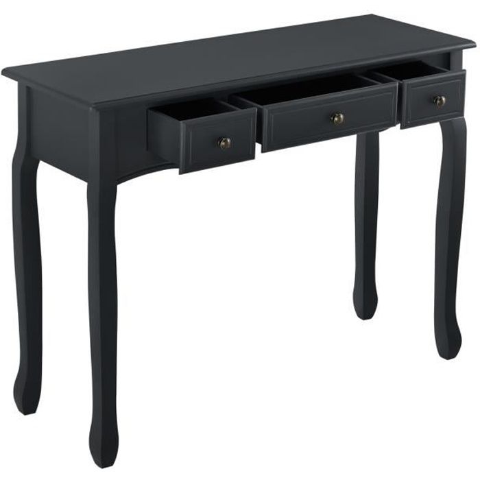 [en.casa] table console table d'entrée table de salon vintage avec 3 tiroirs mdf pieds en pin boutons en métal alliage de zinc noir