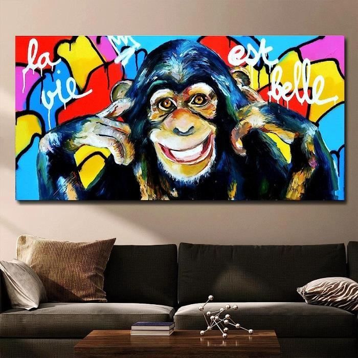 Tableau Abstrait Trois Singes Sur Toile - Décoration Murale Moderne Pour Salon - Prêt à Accrocher