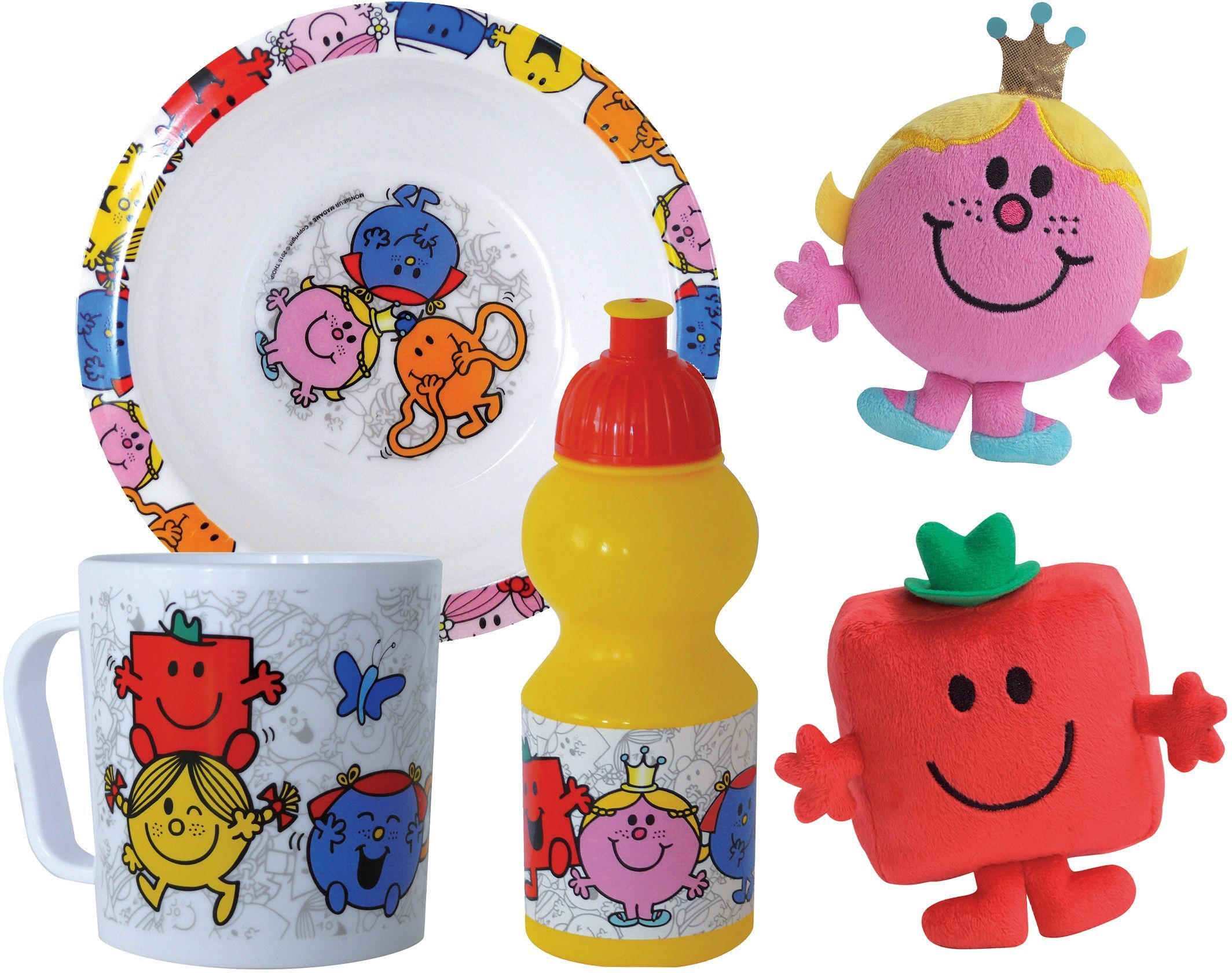Lot+vaisselle+-+FUN+HOUSE+-+MONSIEUR+MADAME+-+Assiette+creuse+Ø16+cm+gourde+350+ml+mug+350+ml+et+2+peluches+12+cm