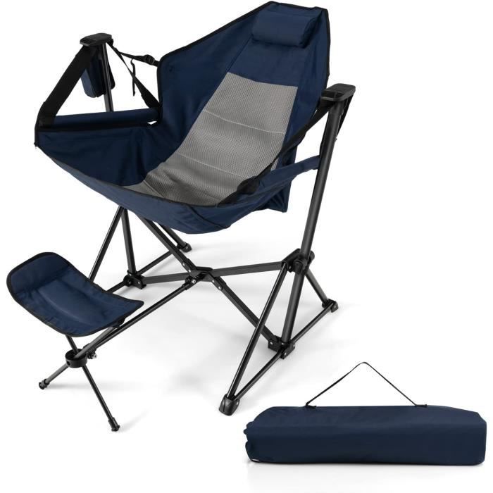 GOPLUS Chaise de Camping Pliable Inclinable avec Repose-Pieds RétractablePortable avec Sac de TransportCharge 150 KGBleu