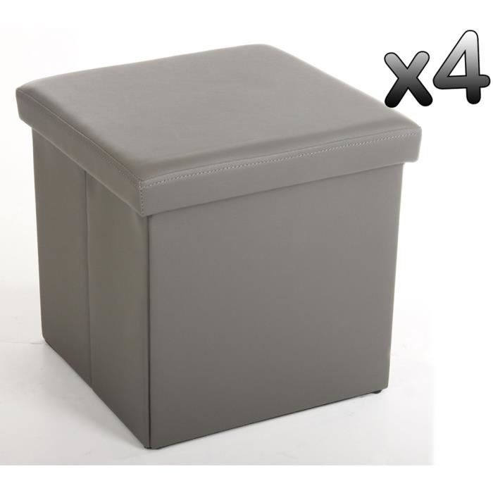 lot de 4 poufs carrés en simili cuir gris - pegane - lilo - intérieur/extérieur - h37.5 x p38 x l38 cm