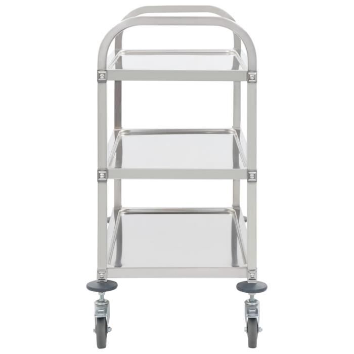 Chariot Cuisine 3 Niveaux Inox - 96.5x55x90cm, Roulettes Frein, Capacité 20-25kg Par étagère - 7