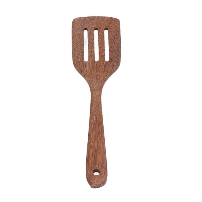ustensile de cuisine en bois - qiilu - spatule à long manche avec trou rond - couleur naturelle
