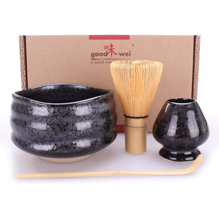 Kit Matcha Complet En Bambou Et Céramique | Fouet 100 Dents, Bol Avec Bec, Support | Pour Thé Mousseux Et Nature