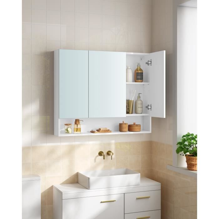 armoire de salle de bain avec portes miroir, compartiment ouvert, étagères réglables, 16,5 x 90 x 75 cm, blanc nuage