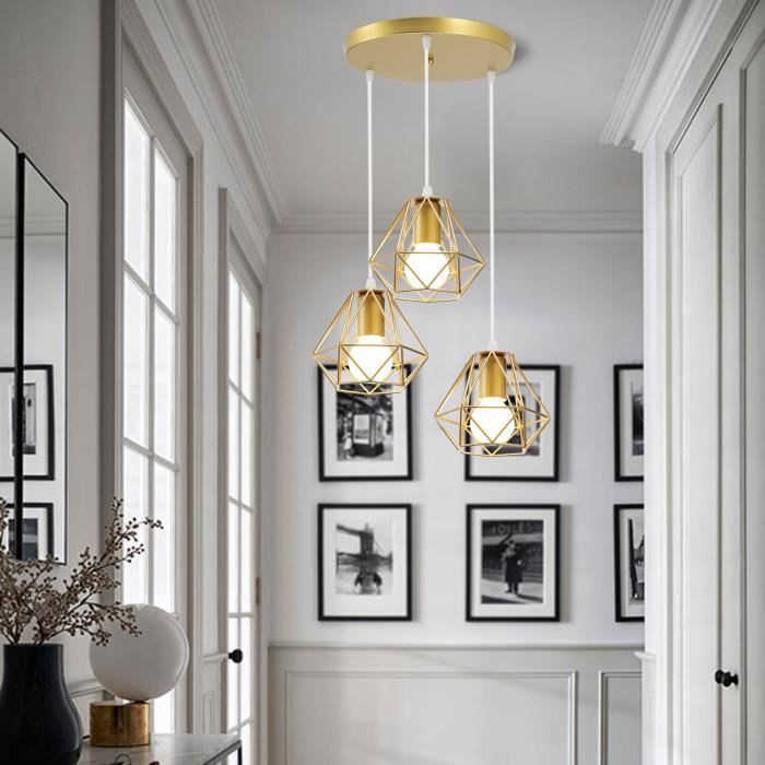 UNI Pendentif Luminaire Cage Diamant en Métal 3 Têtes Fer Plafonnier Lustre Suspension Salle à Manger Chambre Doré