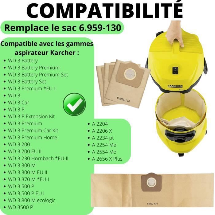 20x Sacs d' Sacs d'aspirateur Karcher WD3 - MV3 A 2204 6.959-130.0