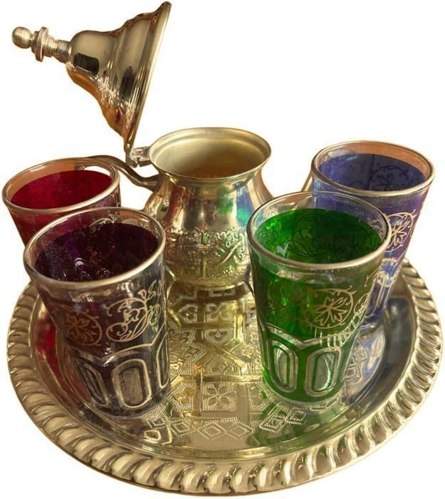 Service à Thé Marocain Traditionnel Avec Plateau - Verre Coloré Fait Main, Cadeau Idéal