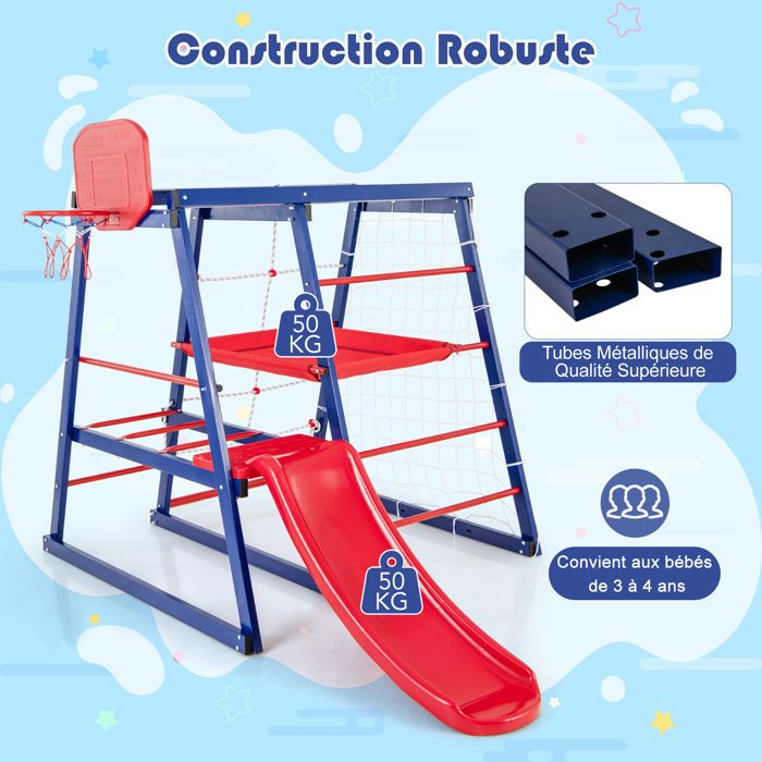 Structure D’Escalade Montessori 6 En 1 – Jeu En Bois Avec Toboggan, Barres Et Filet, Charge 60 Kg, Dès 1 An