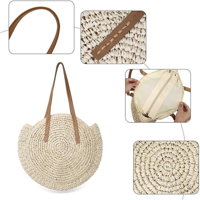 Sac De Paille Rond Sac de Plage d'été Pour Femme en Rotin