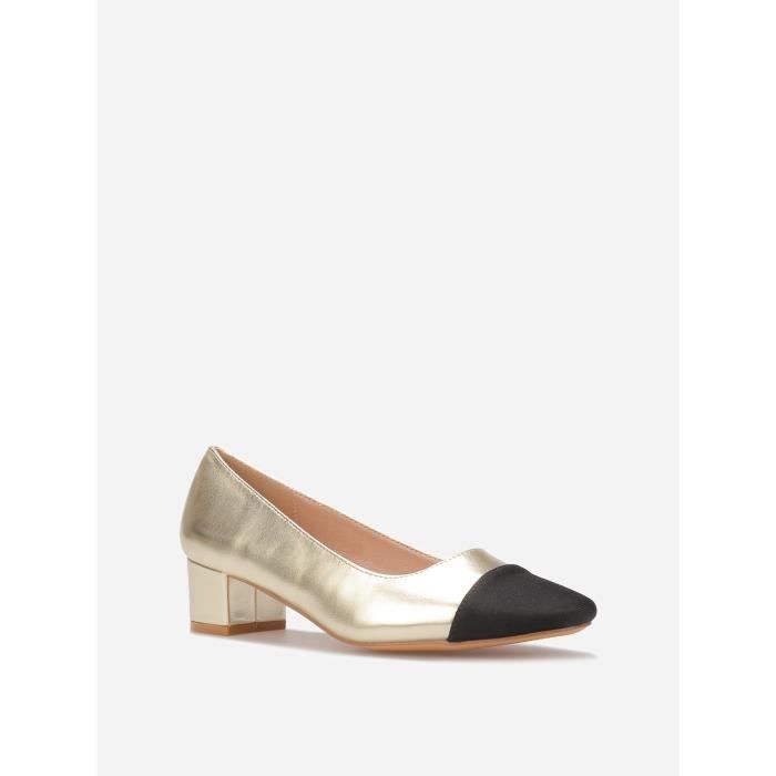 Escarpins MARQUE Bicolores dores avec bout noir en tissu Talon carre Femme Achat Vente Escarpins MARQUE Bicolores dores avec bout noir en tissu Talon carre Femme pas cher Cdiscount
