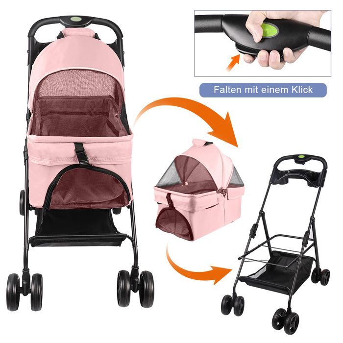 Poussette/Panier Roulant Pour Petit Chien Ou Chat - Pliable, Capacité 20 Kg - Tissu Oxford 600D, Poignée Réglable - Rose
