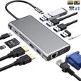 HUB USB C, Adaptateur 12 en 1 avec Dual 4K-HDMI, VGA, USB 3.0, USB 2.0, Port PD, Ethernet RJ45, Lecture Carte SD/TF, AUX 3,5mm-0