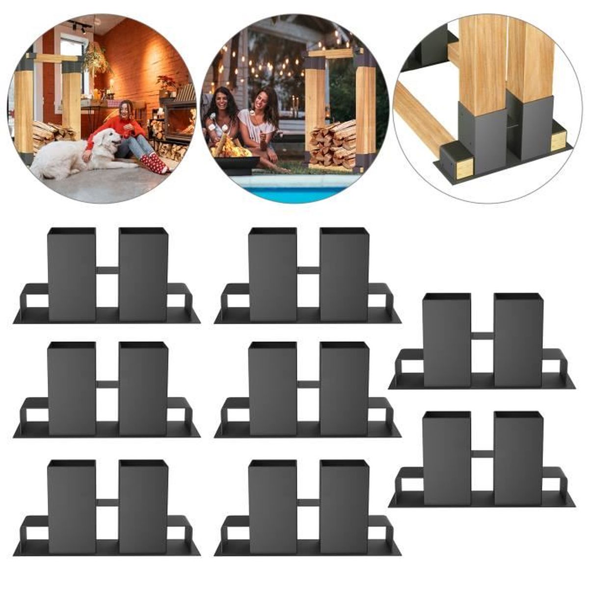 4 Aides à Empiler En Bois HerrSelsam - Support Pour Bois De Chauffage, Cadre Robust - Noir