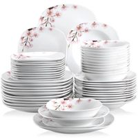 Veweet ANNIE 48pcs Service Complet 12pcs Assiette Plate, Assiette Creuse, Assiette à Dessert, Bol Porcelaine Vaisselles Sakura