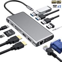 HUB USB C, Adaptateur 12 en 1 avec Dual 4K-HDMI, VGA, USB 3.0, USB 2.0, Port PD, Ethernet RJ45, Lecture Carte SD/TF, AUX 3,5mm