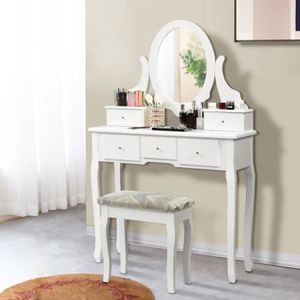 COIFFEUSE Coiffeuse avec miroir, 5 tiroirs, tabouret, Boîte de rangement,80 x 40 x 141cm, Table de Maquillage Blanc