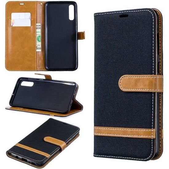 Coque Samsung Galaxy A70 Denim Pochette Protection Etui Antichoc Housse Samsung Galaxy A70 6.7 Noir