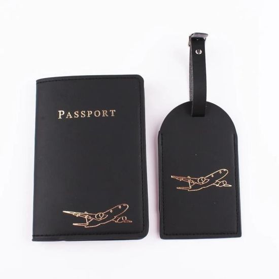 Coffret French Connection - Porte-passeport + Porte-étiquette Bagage En Cuir Noir