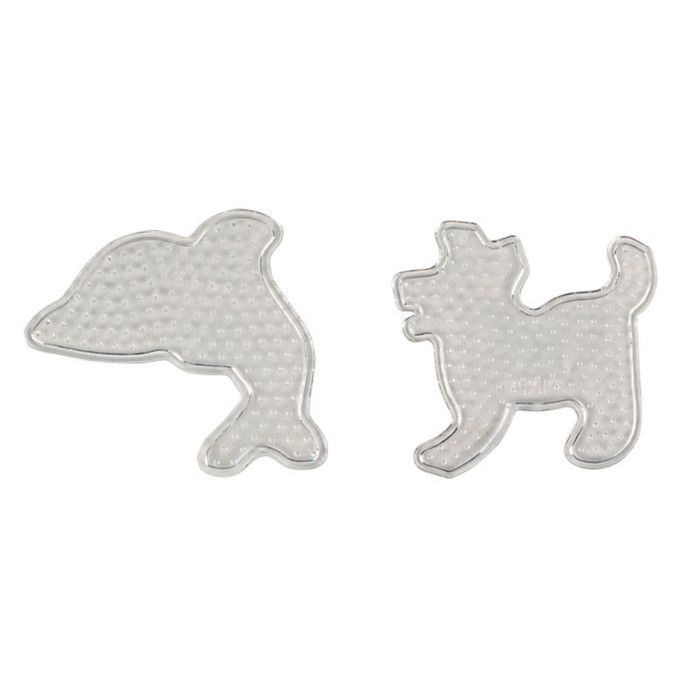 2 plaques transparentes 9 cm pour perles à repasser (dauphin, chien) + 2 feuilles papier sulfurisé 16x19,5 cm