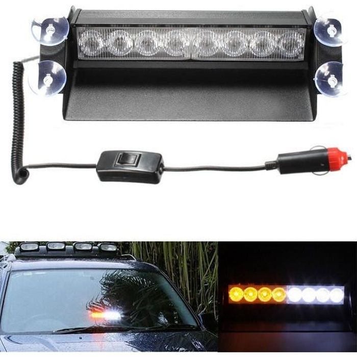 Universel 8 LED Lampe Stroboscope Ventouse Blanc & Ambre Pare-brise