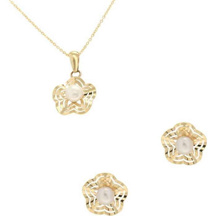 Parure Collier + Boucles D'Oreilles Perle En Or Jaune 9 Carats