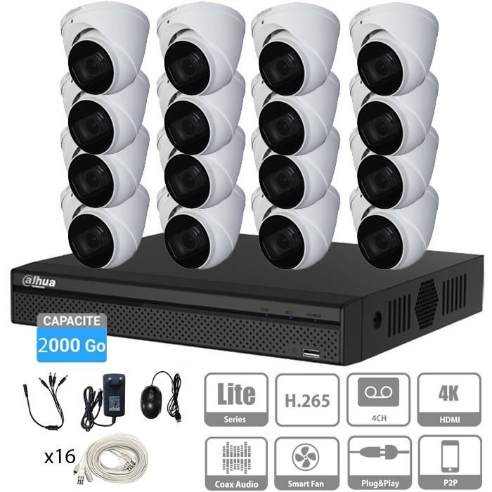 Kit vidéosurveillance 2To 16 caméras avec micro dômes 5 Mpx