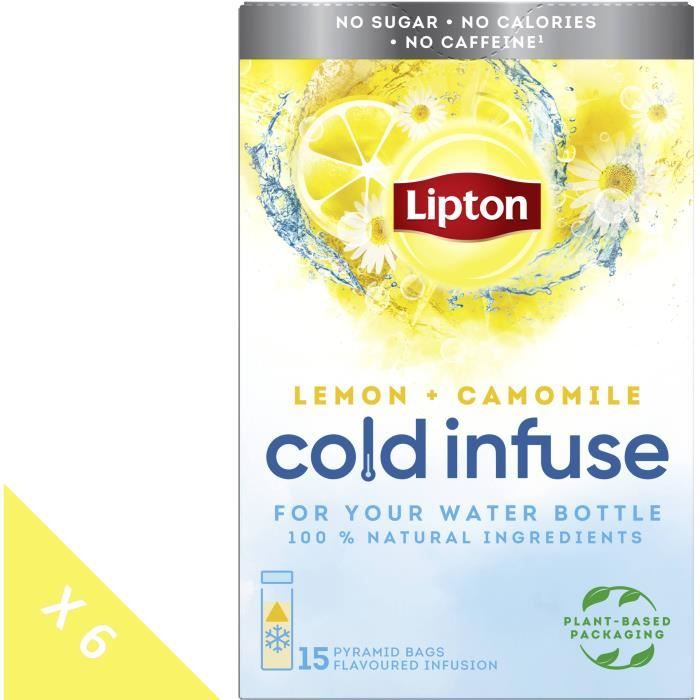 Lot de 6 LIPTON Infuse à Froid Citron Camomille, Boisson d'été rafraichissante, Eau aromatisée healthy (6x 15 Sachets Pyramid)
