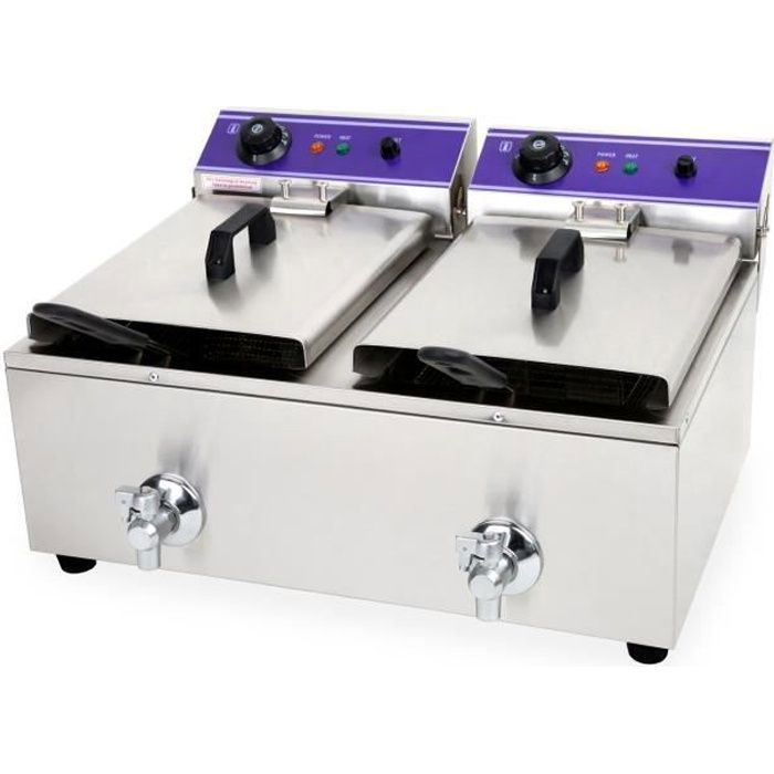 Vertes 2x 10L Double Friteuse électrique professionnelle en Acier Inox (2x 3000W, Robinet de Vidange, Contrôle de la température)