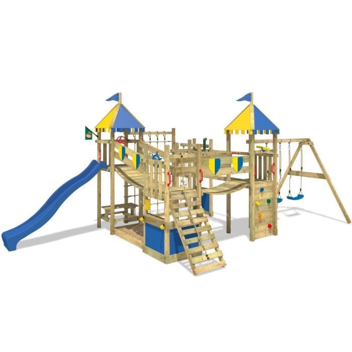 WICKEY Aire de jeux Portique bois Smart King avec balançoire et toboggan bleu Maison enfant extérieure avec bac à sable