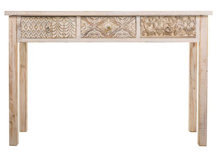 Meuble console, table console en bois sculpté coloris blanc vieilli - Longueur 120 x Profondeur 35 x Hauteur 80 cm