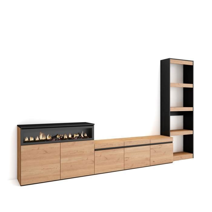Meuble TV 310x35x186cm Pour les TV jusquà 65 avec 1feu électrique Chêne et noir RF3153