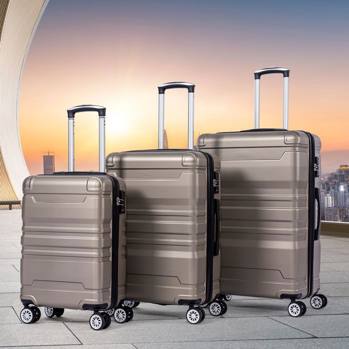 Set de 3 Valises Rigides, Légeres à 4 Roulettes, Bagage Cabine 55cm+ 65cm + 75cm, doré