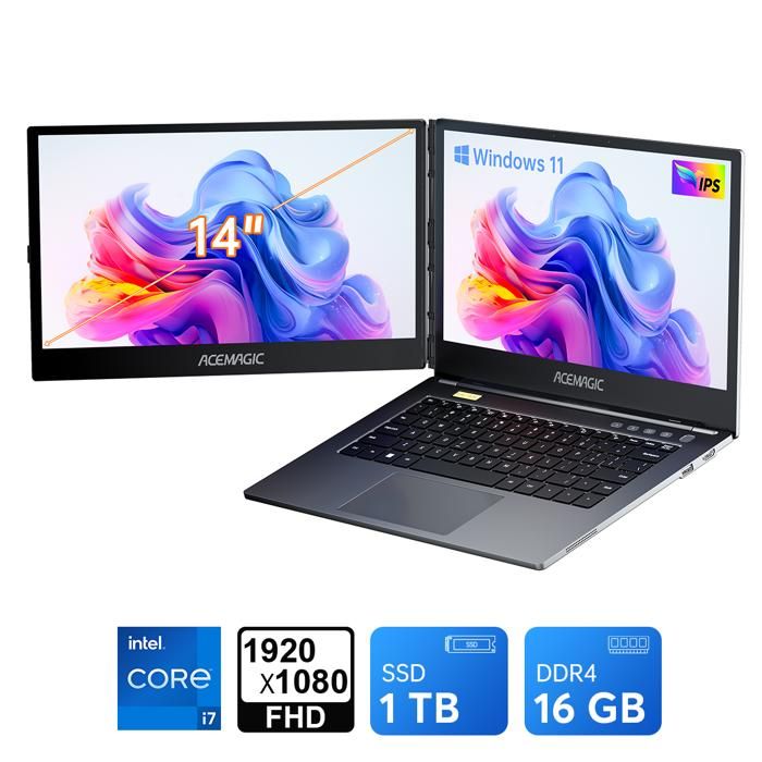 Ordinateur portable 14 IPS ACEMAGIC X1 360° horizontal double écranIntel Core i7-1255U16Go DDR4 RAM 1To SSDWindows 11 Home