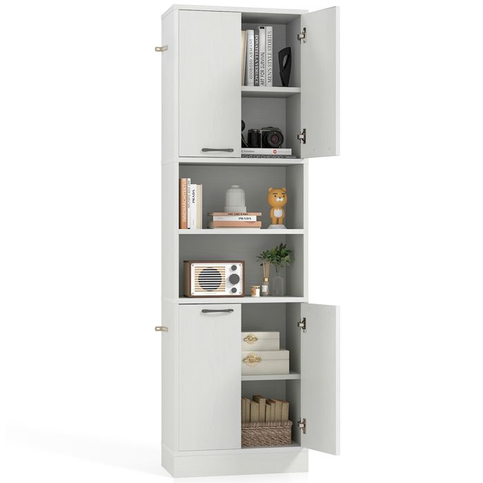 GOPLUS Buffet Haut de Cuisine 56x30x190CM avec 4 Portes2 Compartiments Ouverts-Kits Anti-basculement-Armoire Autoportante-Chêne