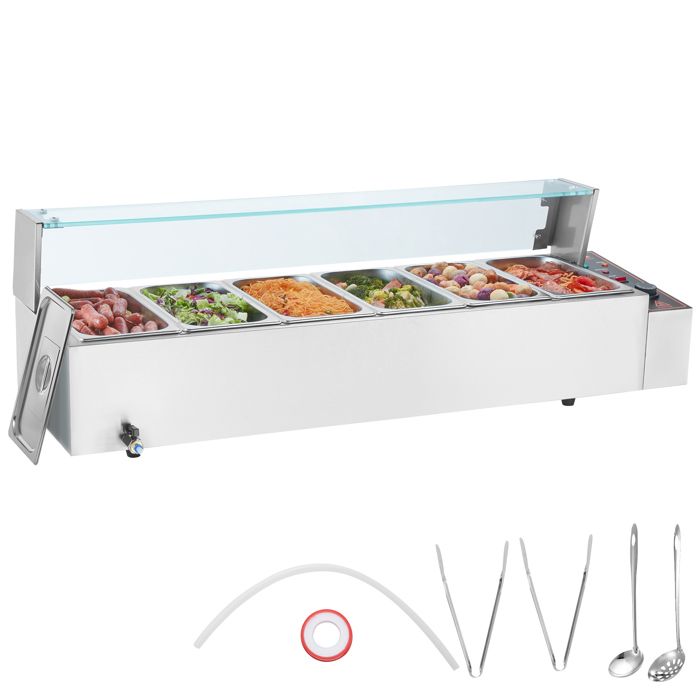 VEVOR Chauffe-plat Buffet 5 Bacs - Bain-marie électrique 1200W, Acier Inox, Réglable 30-85°C - 14.5L