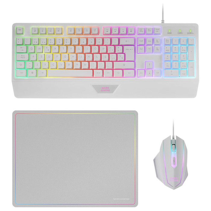 Mars Gaming MCP124 Ensemble Gaming 3en1 Clavier Ergonomique RGB Souris Gamer RGB Tapis de Souris 360x260mm Français Blanc