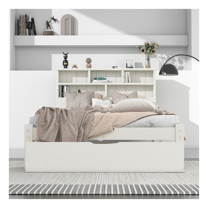 Lit Simple en Bois Massif 90x200cm avec Tiroirs IntéGréS lit 1 personne avec TêTe de Lit BibliothèQue Pour Adolescents Blanc