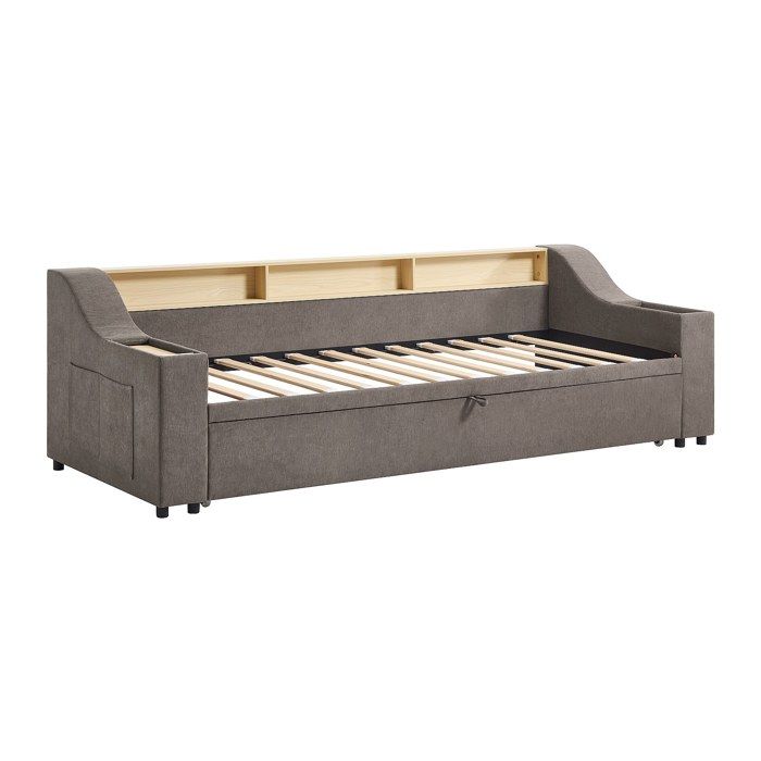 Lit gigogne 2 x 80 x 200 cm avec rangements et port USB - Tissu - Taupe - ORAVAYA