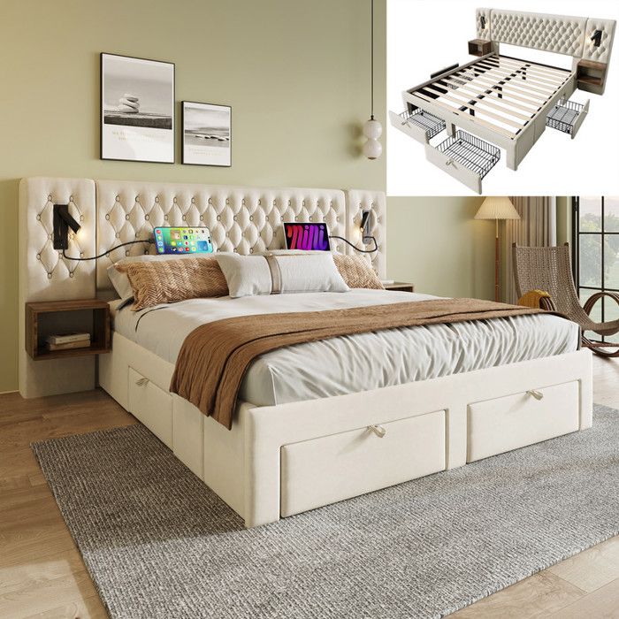 Lit Double TRUXEN8 - 160x200cm - Velours Beige - USB & Type C - 4 Tiroirs