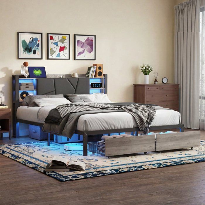 Lit 140x200 avec sommier Lit 2 personnes avec 2 tiroirs et station de charge USB Tête de lit en bois avec rangement PU Noir