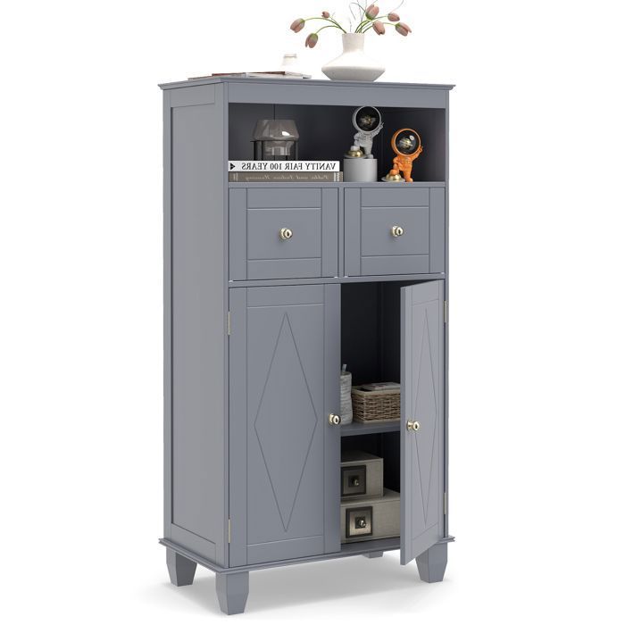 COSTWAY Colonne Salle de Bain avec 2 Tiroirs Placard à 2 Portes Compartiment Ouvert Étagère Réglable pour Salon Cuisine Gris