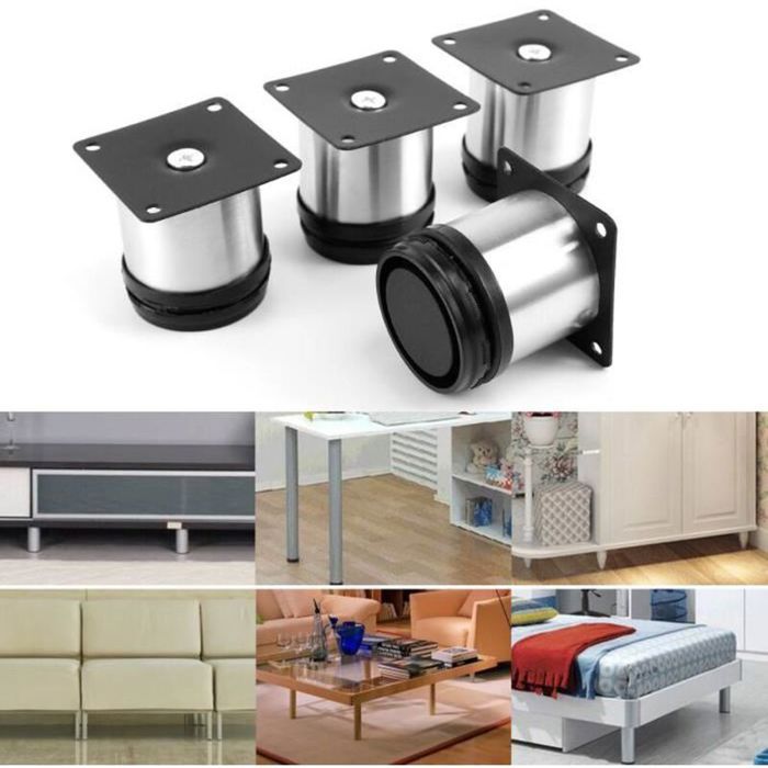 4x Pied de meuble réglable acier inoxydable rond diamètre 5cm Hauteur 60mm
