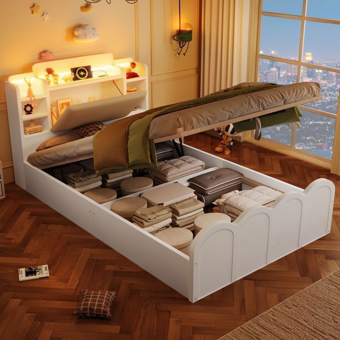 Lit coffre enfant - MERAX - 90x200 cm - Tête rembourrée & étagères - LED multicolore + USB/Type‑C - Sommier inclus Lit coffre enfant - MERAX - 90x200 cm - Tête rembourrée & étagères - LED multicolore + USB/Type‑C - Sommier inclus