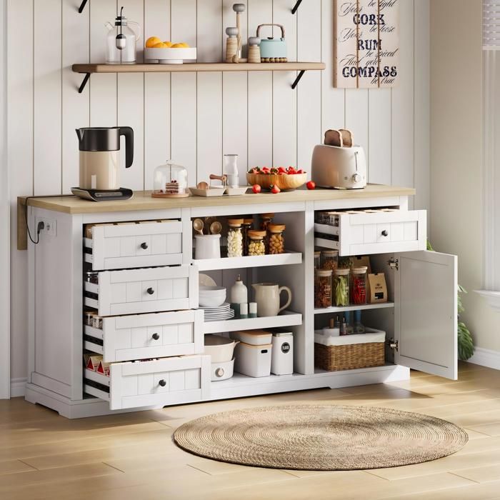 Buffet avec table pliante 5 tiroirs 1 porte 2 étagères coulissantes prise + USB MDF 150×45/65×75 cmblanc + naturel