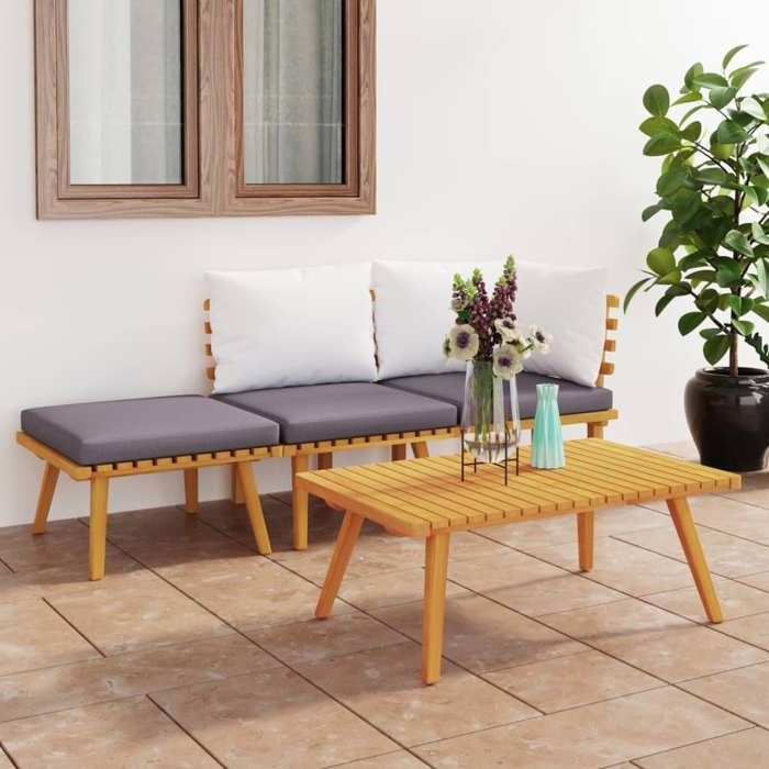 NEW 2026 Salon de jardin lot de 4 Meuble pour 3 personnes avec coussins Bois dacacia solide 60x60x29 cm S1194