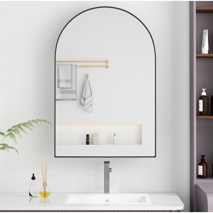 Armoire miroir murale en arche en métal noir avec étagères réglables
