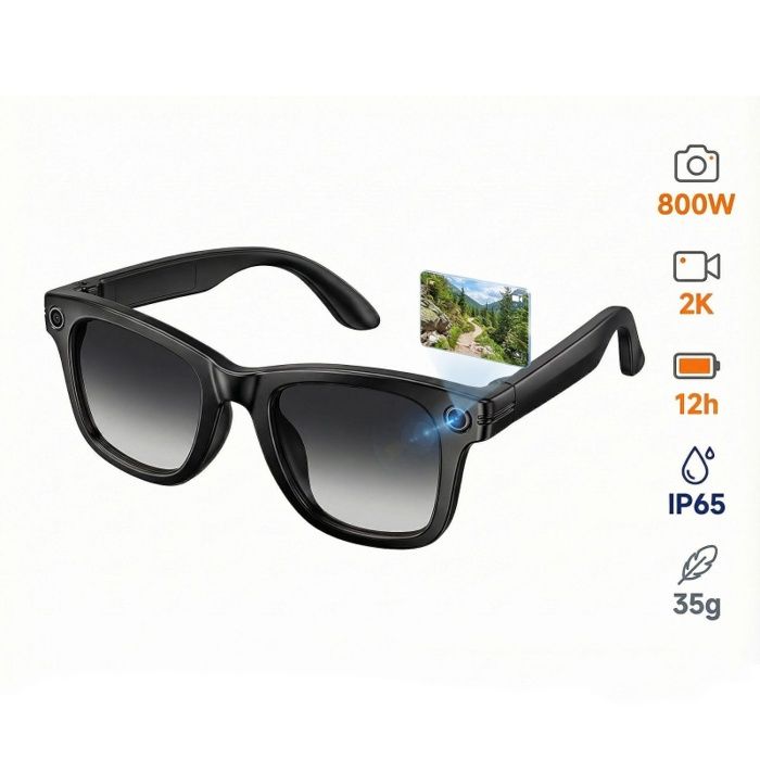 Lunettes connectées 2K Wi-Fi 8 Mpx son haute définition appels Bluetooth conception ergonomique IP65 portables noir