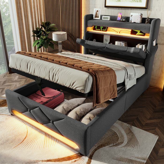 Lit Coffre Capitonnée 90x200 cm Lit 1 Place avec Rangement Hydraulique Éclairage LED Tête de Lit Étagères et Ports USB - Gris