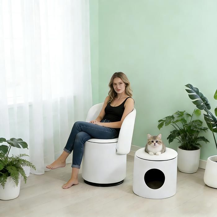 Chaise de Maquillage Pivotante en Tissu Velours avec Nid de Chat - Tabouret Coffre de Rangement - Dossier Amovible - Design Moderne